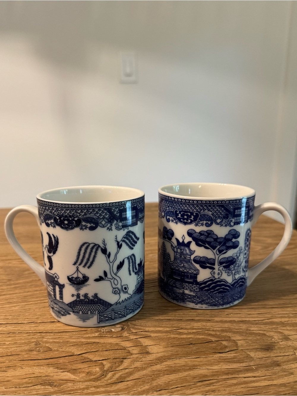 Vintage Blue Willow Asian Village Motif Chinoiserie Blue White Mug Set Of 2